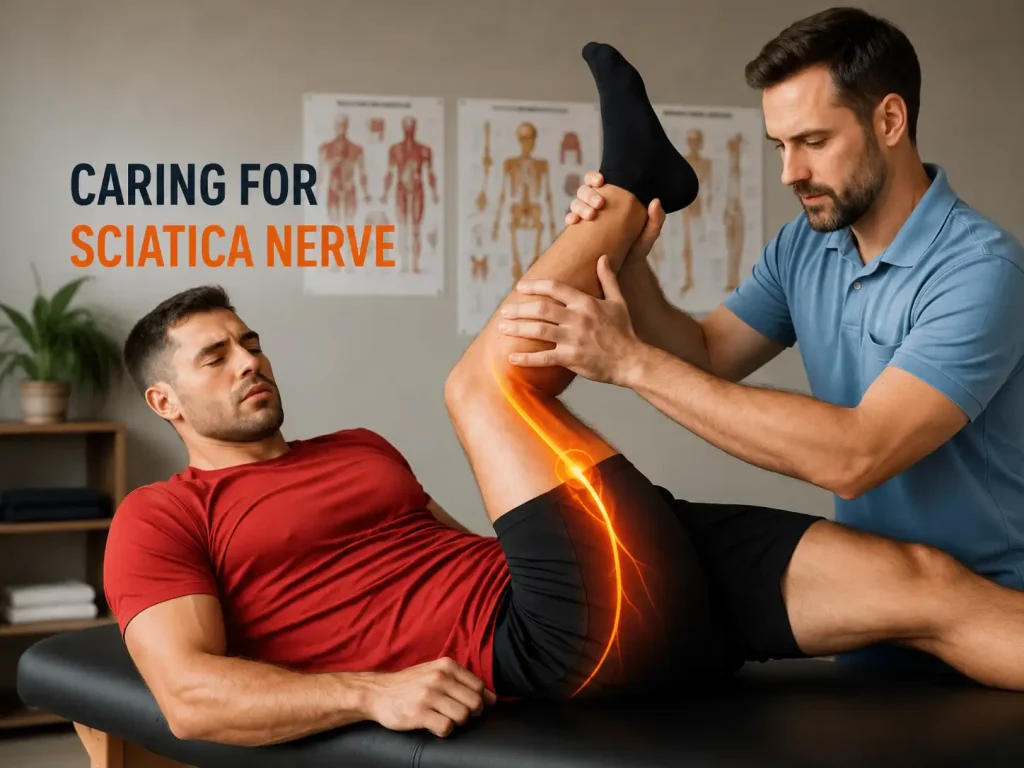 Acupressure Points for Sciatica: Effective Points for Pain Relief, sciatica nerve, pain relief, showing a therapist supporting a patient's leg along the sciatic nerve pathway